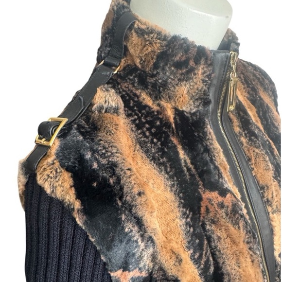 ST. JOHN Leather Trimmed Faux Fur Luxury Knit Jacket Black Tan Size Small - Picture 10 of 15